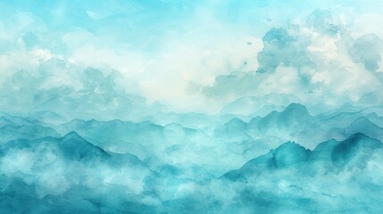 Blue watercolor background with mountains.
