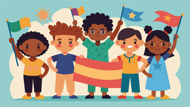 Children proudly displaying their Juneteenth parade float creations showcasing themes of freedom and unity.. Vector illustration