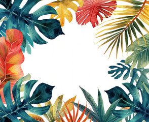 Colorful Tropical Foliage and Flowers on White Background with Copyspace for Text