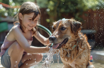 two children and their dog being bathed with water from the garden hose on a sunny summer day, a happy family activity at home.
