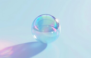 A transparent soap bubble is flying through the air against a light blue background