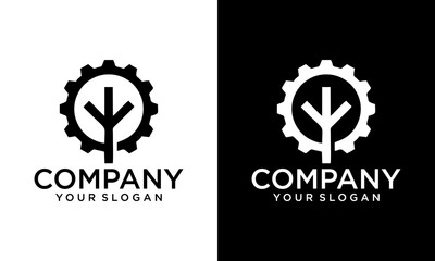 Creative Tree and gear wheel logo - plant and pinion symbol. Green power and alternative energy source, industry and nature, environment and ecology vector icon.