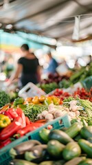 Fresh vegetables on display at the local farmer's market. Community and health focus.