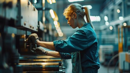 Female worker working on a machine in factory. Woman in uniform operating a machine - Powered by Adobe