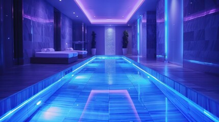 Grand Indoor Swimming Pool With Blue Lighting
