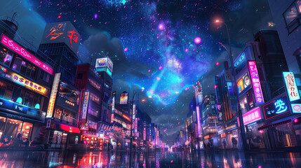 A cityscape with a bright blue sky and stars. The city is lit up with neon signs and lights. Scene is peaceful and serene, with the stars shining brightly in the sky above the city