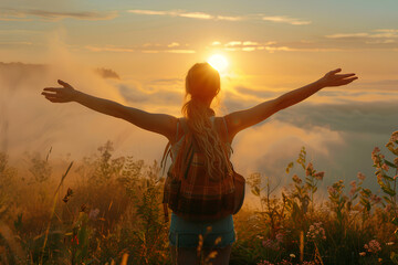 Happy woman with open arms enjoying nature in the morning sunrise, standing on meadow at mountain hill, feeling freedom and happy lifestyle concept. Generative AI.