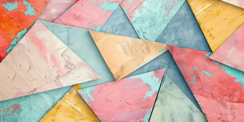 Colorful Triangles Abstract Painting on Pink, Blue, Yellow, and Orange Background with Vibrant Paint Strokes
