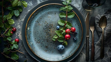 Modern Dining Table Setting with Dark Plate and Organic Greenery