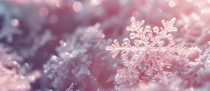 Magical light pink festive abstract glitter background with blinking stars and falling snowflakes. Blurred bokeh of Christmas lights.