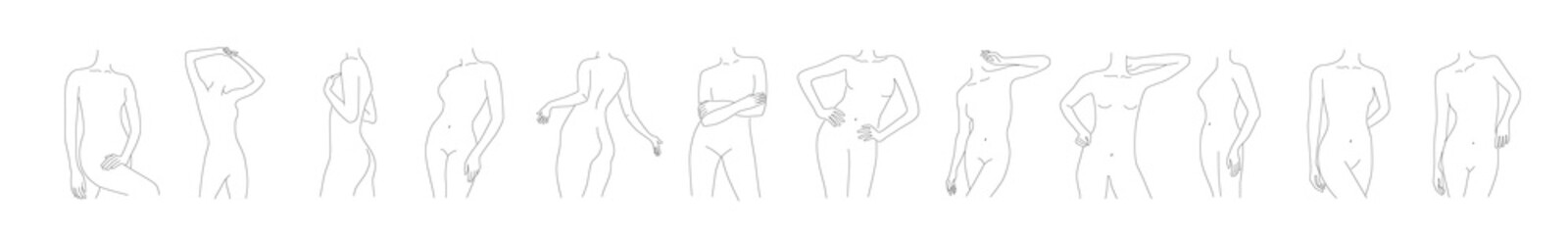 Woman body one single continuous line silhouette set. Vector stock illustration isolated on white background for design template beauty and spa calendar, social media. Editable stroke. 