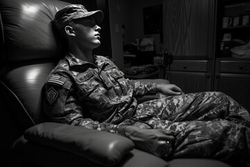 Military Man Sitting in Chair - obrazy, fototapety, plakaty