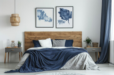 A Scandinavian style bedroom with white walls, a wooden headboard and bed frame, blue accents on the blanket, pillows and posters hanging above it