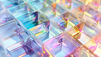  A closeup of iridescent crystal tiles, reflecting rainbow colors and an enchanting pattern on the...