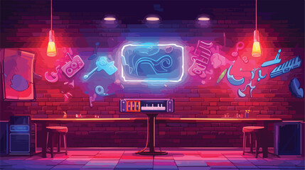 Music bar neon sign on brick wall background vector