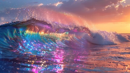 Naklejka premium Rainbow Colored Wave in the Ocean at Sunset