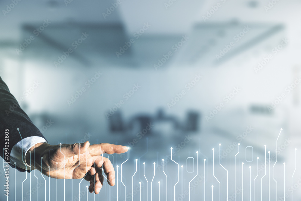 Aufkleber Man hand presses on abstract virtual microscheme illustration on blurred office background. Big data and database concept. Multiexposure