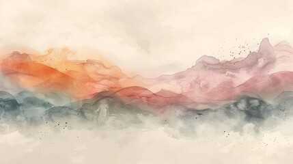 An abstract watercolor painting of a mountain landscape in shades of pink, orange, and blue.