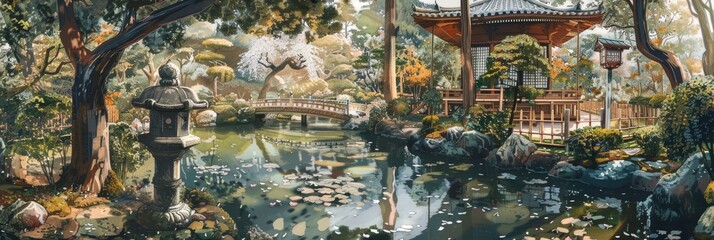 Japanese Spring Garden Landscape Painting, Japan Garden Watercolor Tradition Draw, Copy Space