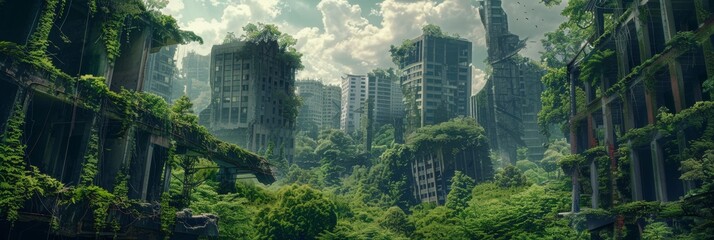 Abandoned Post-Apocalyptic City, Overgrown Ruins, Zombie Apocalypse Ruins, Green Future Dystopia