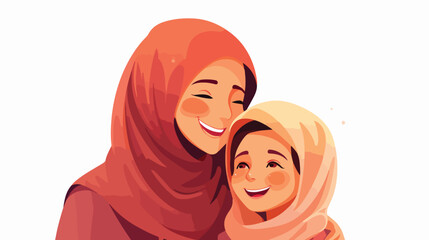 Muslim mother and daughter. Happy Arab mom and kid