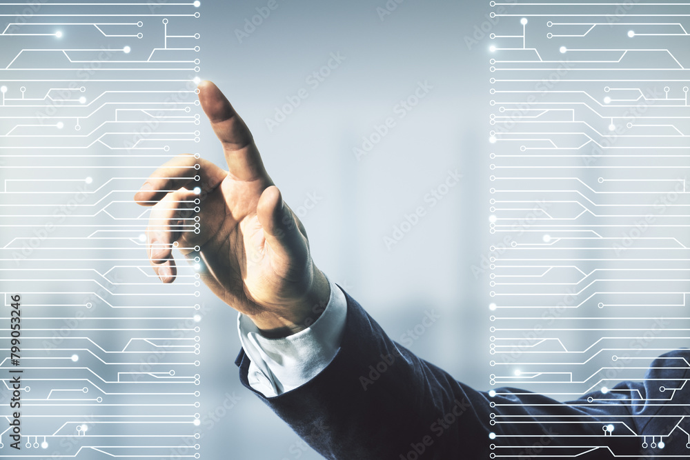 Poster male hand clicks on abstract virtual micro circuit sketch on blurred office background, future techn