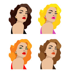 Beautiful sexy girls brunette, blonde, red-haired and fair-haired with bright makeup. Set of isolated vector illustrations