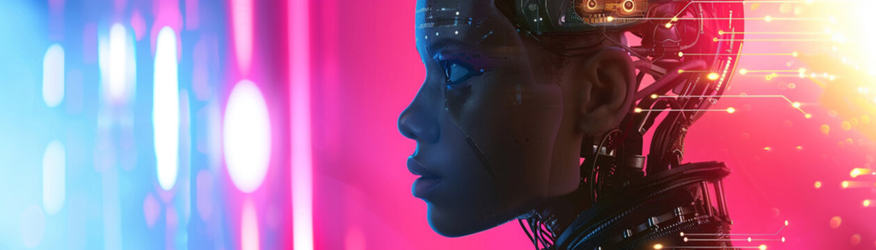 A beautiful and detailed painting of a black woman with glowing pink eyes and a cybernetic headpiece.