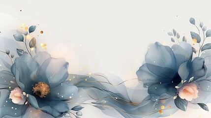 Blue and pink watercolor floral background with golden elements