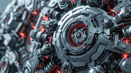 A close up of a complex machine with red lights