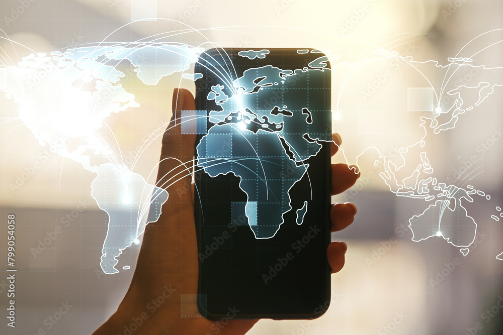 Poster abstract graphic digital world map with connections and hand with mobile phone on background, global