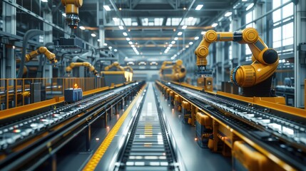 Obraz premium Factory With Conveyor Belt and Robotic Arms
