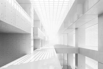 Depict a mesh pattern integrated into the architecture of a warehouse, allowing for ventilation and light , super detailed