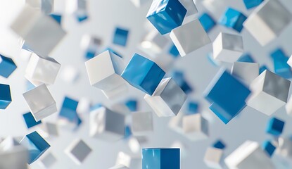 Abstract background with flying blue and white cubes, a motion blur effect. An abstract composition...