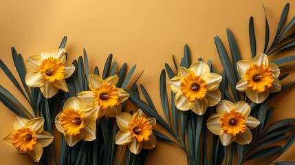   A group of yellow daffodils with green leaves against a yellow background
