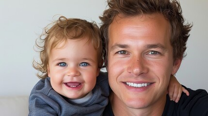 Happy Fathers Day banner background with a young dad and little daughter hugging and laughing.