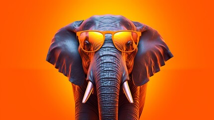 Elephant with sunglasses isolated on orange background. Close-up. - obrazy, fototapety, plakaty