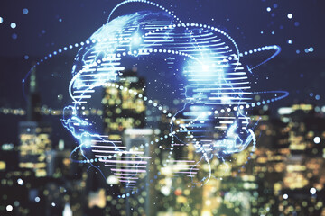 Abstract graphic digital world map hologram with connections on blurry skyscrapers background,...