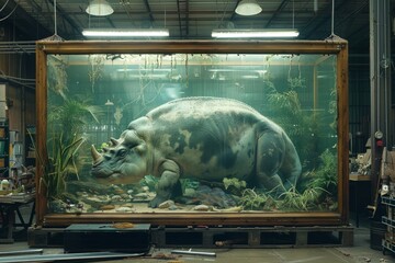 Portray efforts to preserve wildlife within a warehouse, from habitat restoration projects to captive breeding programs , super detailed