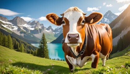 Fototapeta na wymiar cow on the mountain.cow on the pasture.cow on the meadow.cow in the mountains