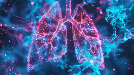 A pair of lungs made of tiny glowing particles. - obrazy, fototapety, plakaty
