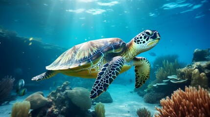 Fototapeta premium Hawaiian Green Sea Turtle (Eretmochelys imbricata) swimming underwater
