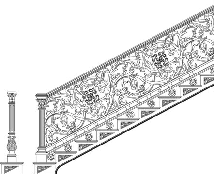 Detailed vector sketch illustration of old classic vintage ethnic traditional stair handrail