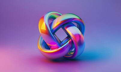  an intricate knot made from intertwined rings in metallic rainbow colors on a purple background