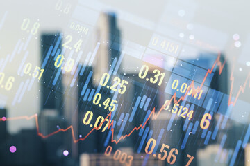 Multi exposure of virtual abstract financial diagram on blurry office buildings background, banking and accounting concept