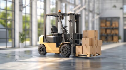Industrial forklift truck with pallets in a warehouse ready for shipment enhances logistics efficiency