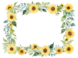 Sunflowers watercolor collection Wedding frame clip art. Free space for text. Illustration, isolated background