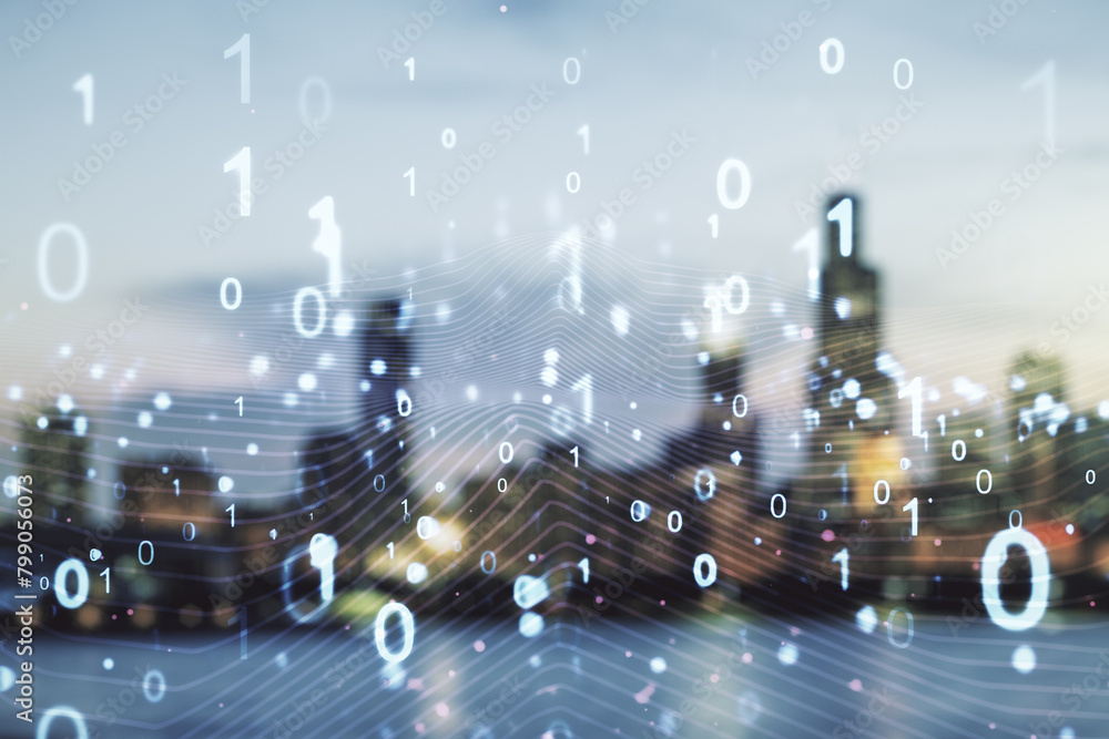 Leinwandbilder abstract virtual binary code illustration on blurry skyline background. big data and coding concept.
