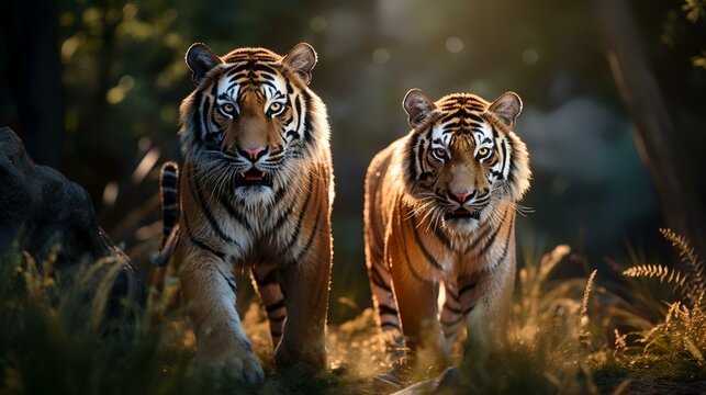 Two Siberian tigers (Panthera tigris altaica) in the forest
