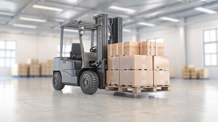 Industrial forklift truck with pallets in a warehouse ready for shipment enhances logistics efficiency